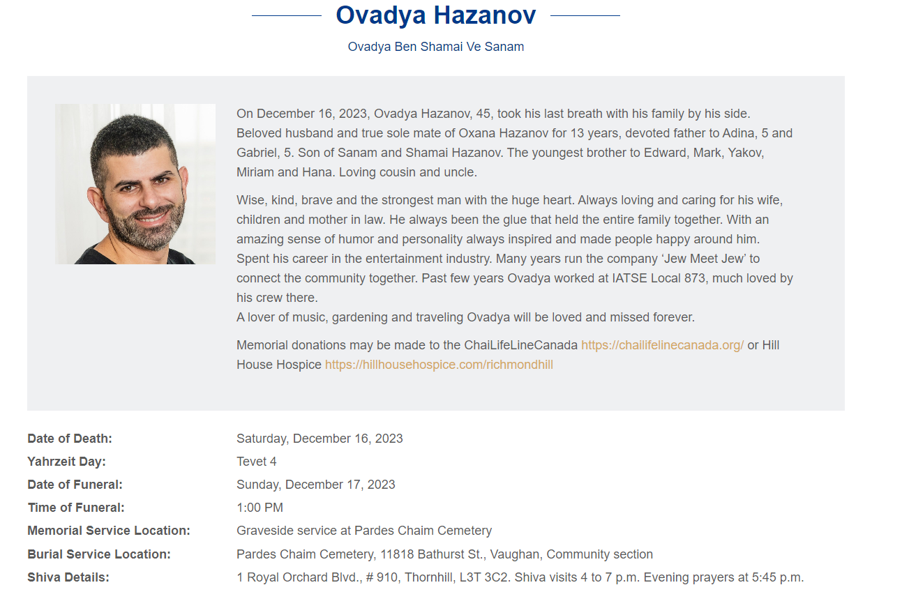 Ovadya Hazanov obituary graphic